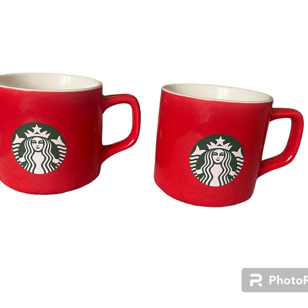 Pair of Starbucks holiday red boxy mugs with green mermaid. 2021, 11oz